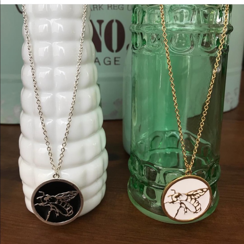 Honey Bumble Bee Black / Ivory Enamel Round Pendant Necklace